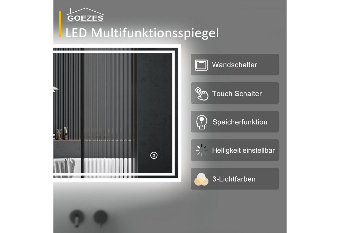 WDWRITTI Badspiegel Wandspiegel Badezimmerspiegel Led mit beleuchtung 80x60 100x60 50x70 (Speicherfunktion, 3Lichtfarben, Helligkeit einstellbar, Touch, Wandschalter), energiesparender, Vertical/Horizontal Installation Bild 3