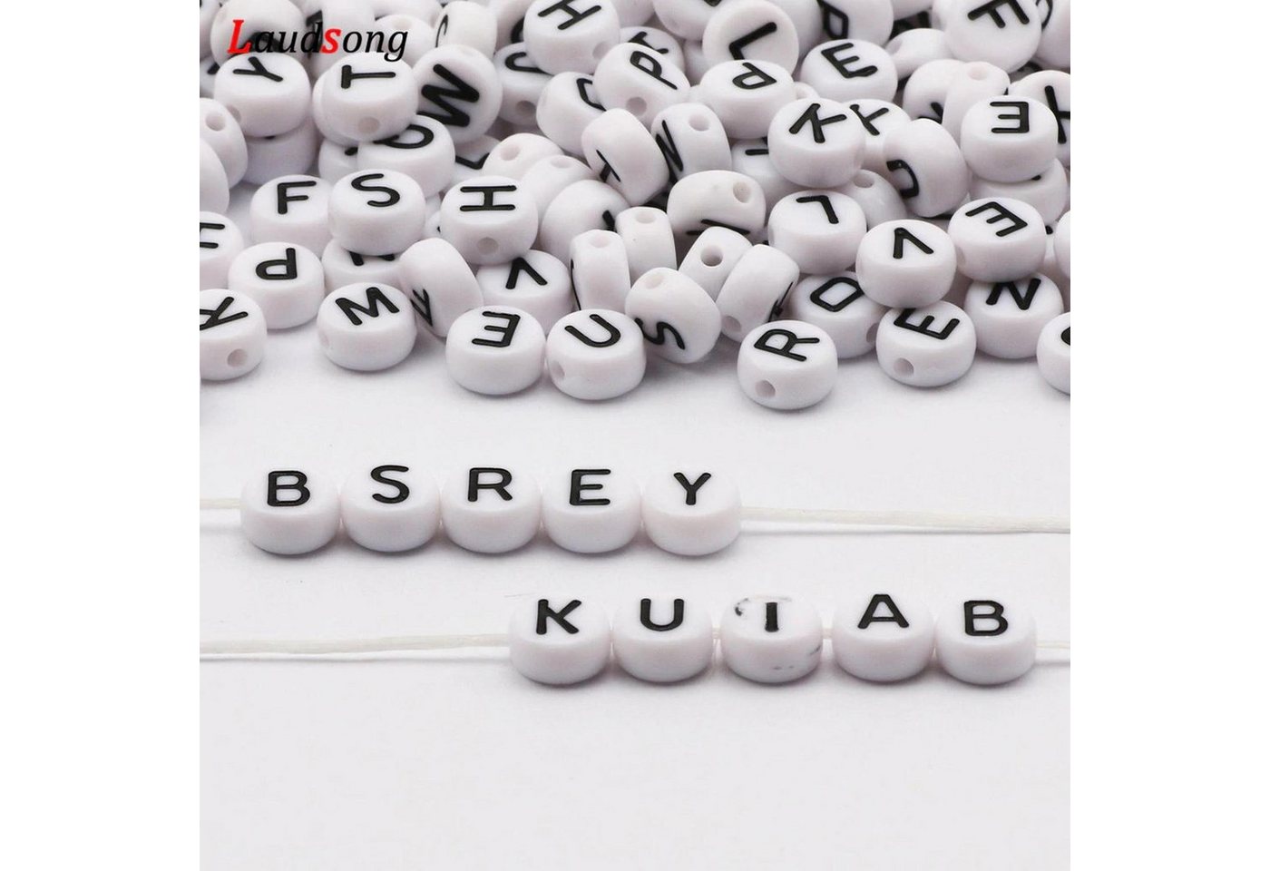 Kopper-24 Bastelperlen Buchstaben Perlen, 30 Stück, 4x7 mm, weiß mit schwarz, rund, Buchstabe, (30-tlg) Bild 2