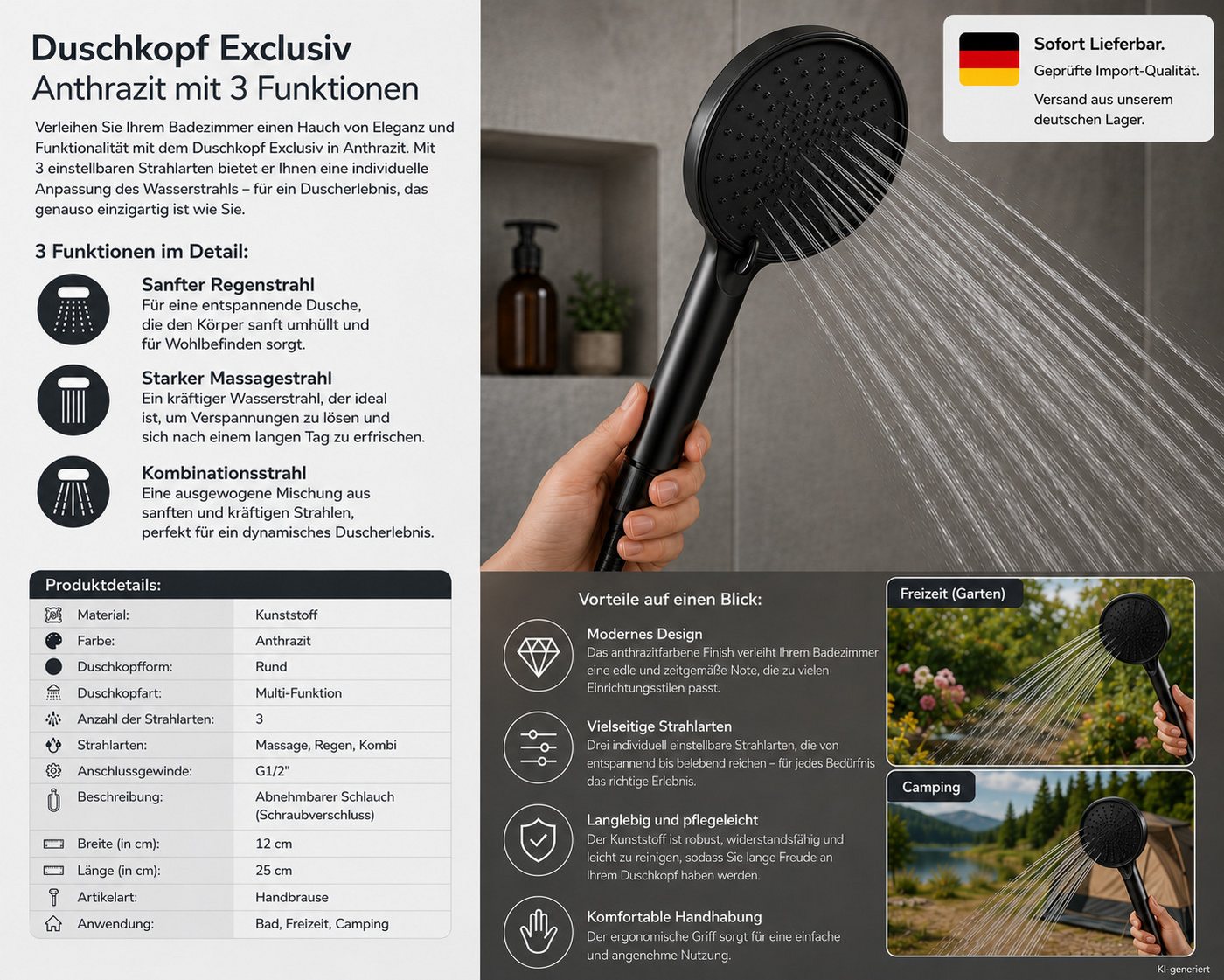 HH-Haushalt Handbrause Duschkopf Exclusiv Anthrazit mit 3 Funktionen