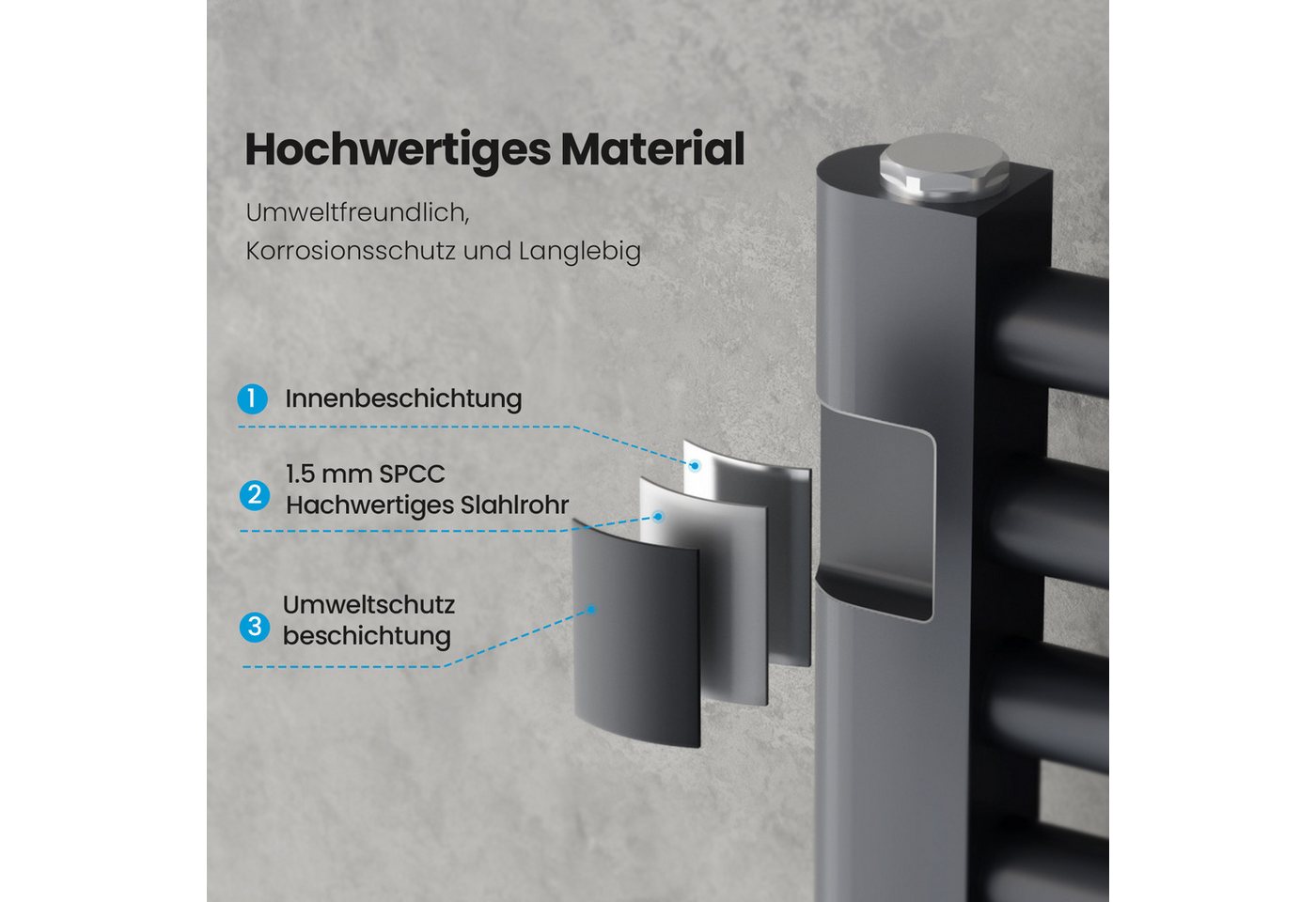 Heilmetz Badheizkörper 70 × 40 cm Handtuchwärmer für Badezimmer, Anthrazit, 238 W (T=50), G 1/2, Geeignet für 3 Bild 5
