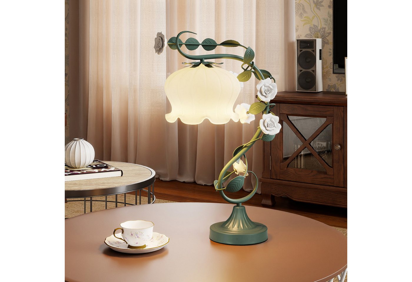 COSTWAY Nachttischlampe, 54,5cm mit Maiglöckchen Lampenschirm, 6 Keramikrosen Bild 2