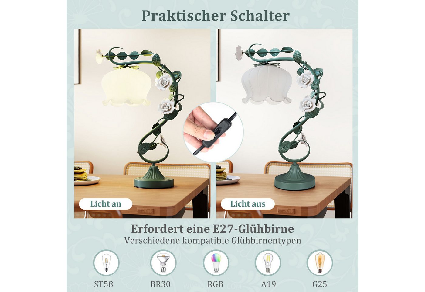 COSTWAY Nachttischlampe, 54,5cm mit Maiglöckchen Lampenschirm, 6 Keramikrosen Bild 3