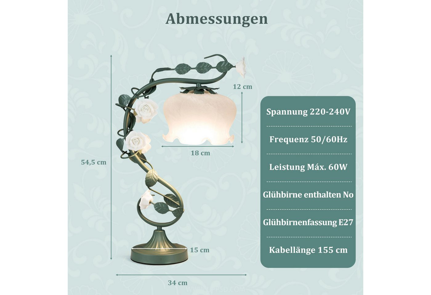 COSTWAY Nachttischlampe, 54,5cm mit Maiglöckchen Lampenschirm, 6 Keramikrosen Bild 4