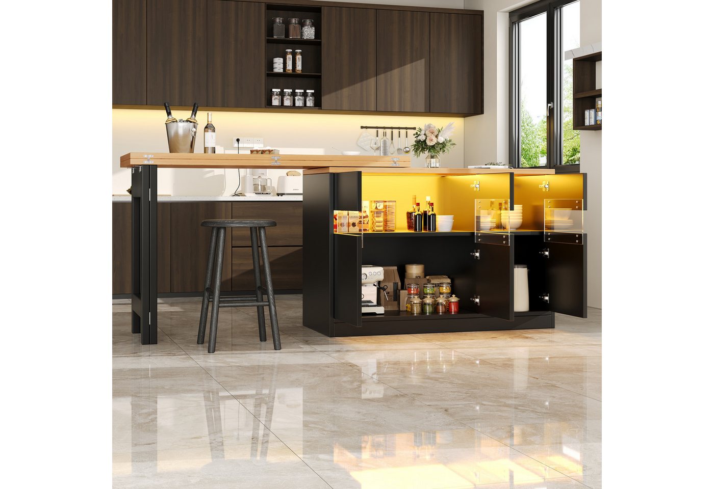 Odikalo Kücheninsel Esstisch Bartisch Stehtisch mit LED & 360° Drehfunktion, (Ausziehbarer Längenverstellbar 120-180 Moderner Kücheninsel Tisch mit Stauraum für Wohnzimmer Esszimmer Homeoffice)