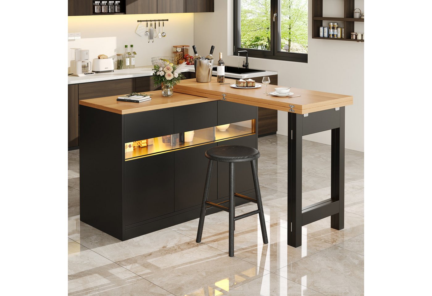 Odikalo Kücheninsel Esstisch Bartisch Stehtisch mit LED & 360° Drehfunktion, (Ausziehbarer Längenverstellbar 120-180 Moderner Kücheninsel Tisch mit Stauraum für Wohnzimmer Esszimmer Homeoffice) Bild 2