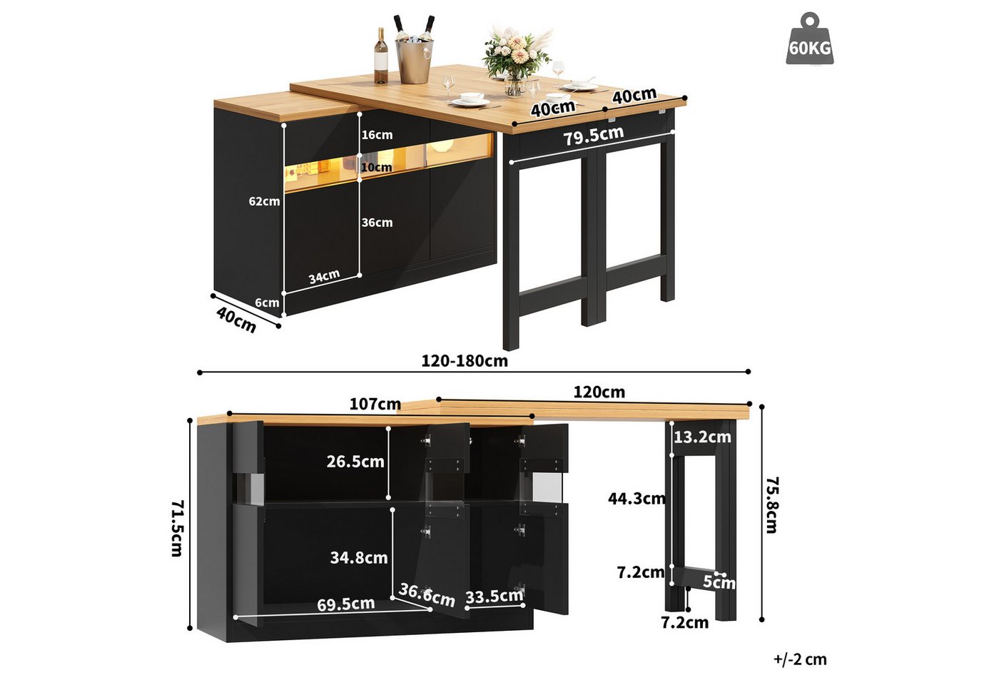 Odikalo Kücheninsel Esstisch Bartisch Stehtisch mit LED & 360° Drehfunktion, (Ausziehbarer Längenverstellbar 120-180 Moderner Kücheninsel Tisch mit Stauraum für Wohnzimmer Esszimmer Homeoffice) Bild 3
