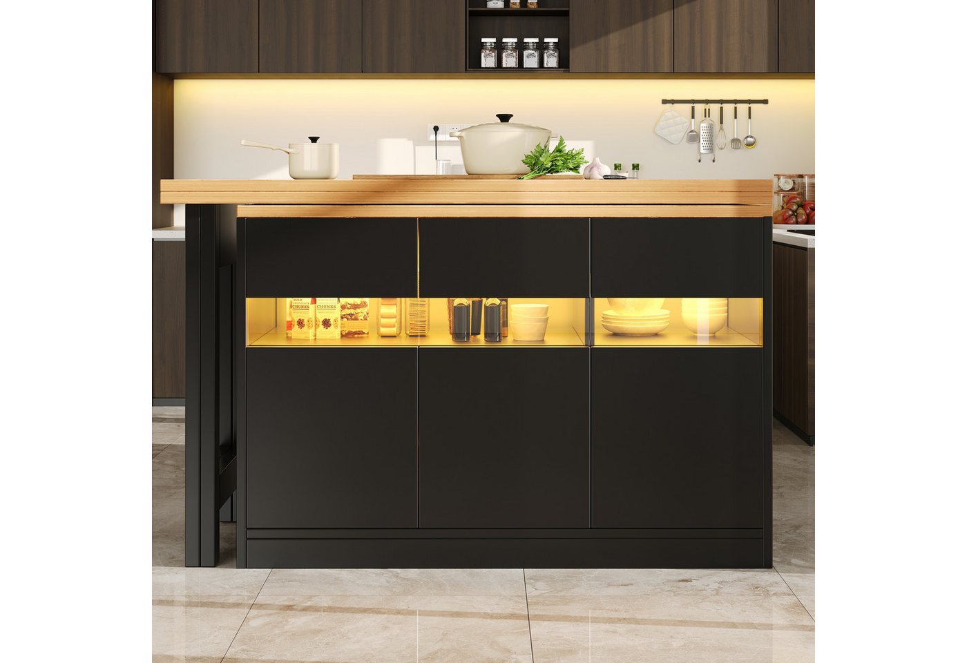 Odikalo Kücheninsel Esstisch Bartisch Stehtisch mit LED & 360° Drehfunktion, (Ausziehbarer Längenverstellbar 120-180 Moderner Kücheninsel Tisch mit Stauraum für Wohnzimmer Esszimmer Homeoffice) Bild 4