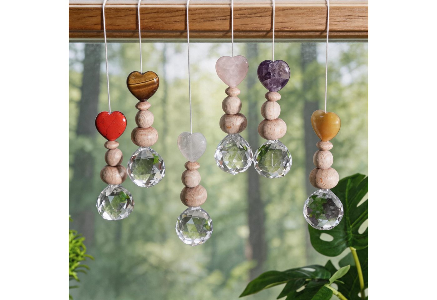 Karmandala Fensterdekoration Kristall Sonnenfänger mit Edelstein Windspiel Regenbogen Lichtfänger, echte Rosenquarz Edelsteine für Liebe, Harmonie und Verbundenheit