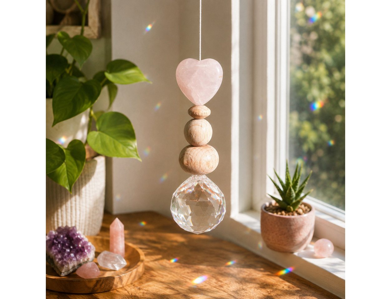 Karmandala Fensterdekoration Kristall Sonnenfänger mit Edelstein Windspiel Regenbogen Lichtfänger, echte Rosenquarz Edelsteine für Liebe, Harmonie und Verbundenheit Bild 2