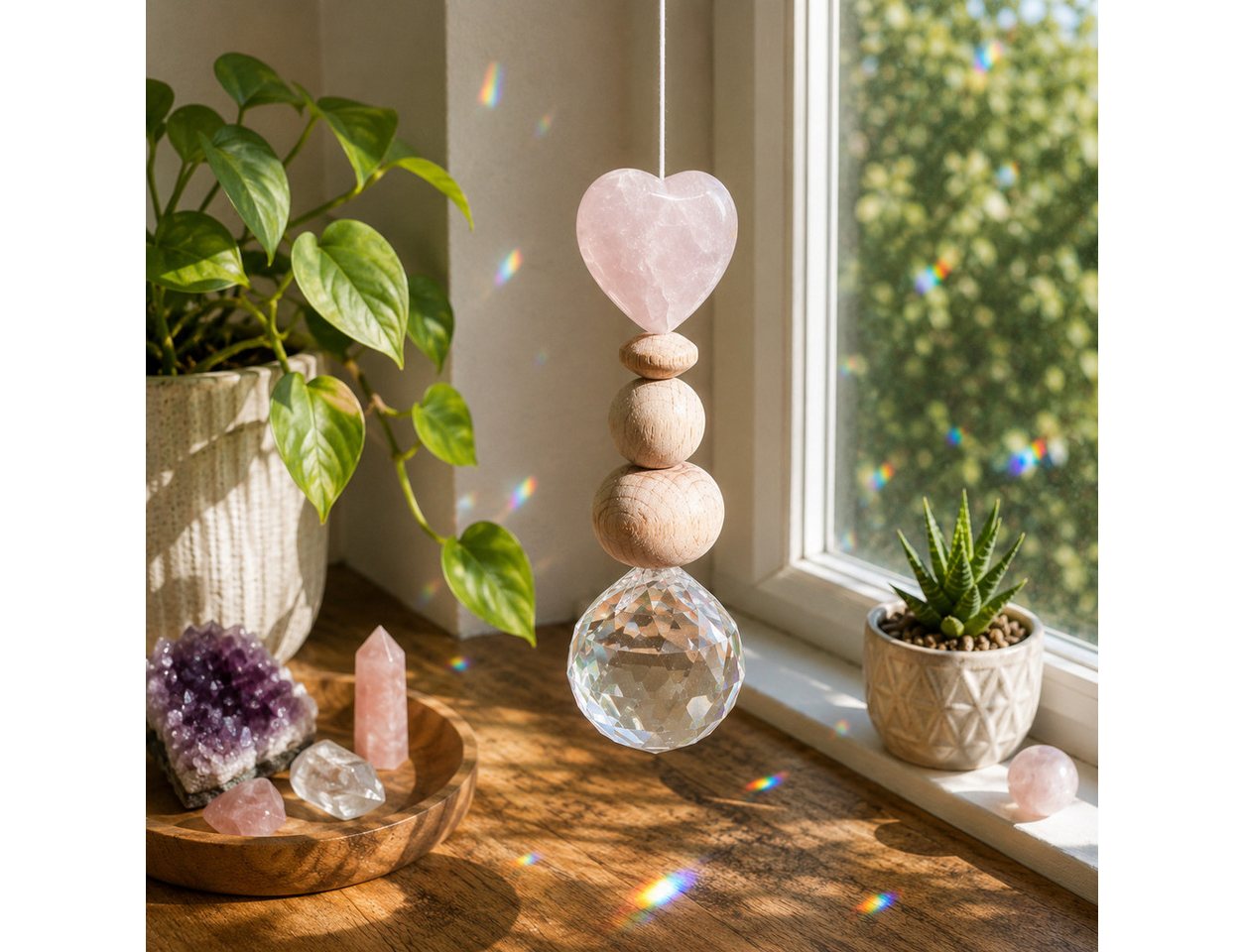 Karmandala Fensterdekoration Kristall Sonnenfänger mit Edelstein Windspiel Regenbogen Lichtfänger, echte Rosenquarz Edelsteine für Liebe, Harmonie und Verbundenheit Bild 3