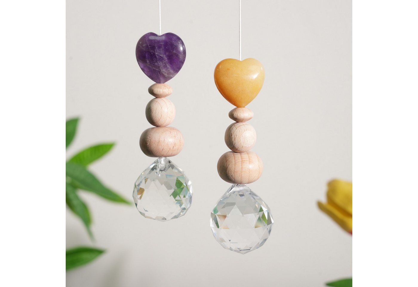 Karmandala Fensterdekoration Kristall Sonnenfänger mit Edelstein Windspiel Regenbogen Lichtfänger, echte Rosenquarz Edelsteine für Liebe, Harmonie und Verbundenheit Bild 4