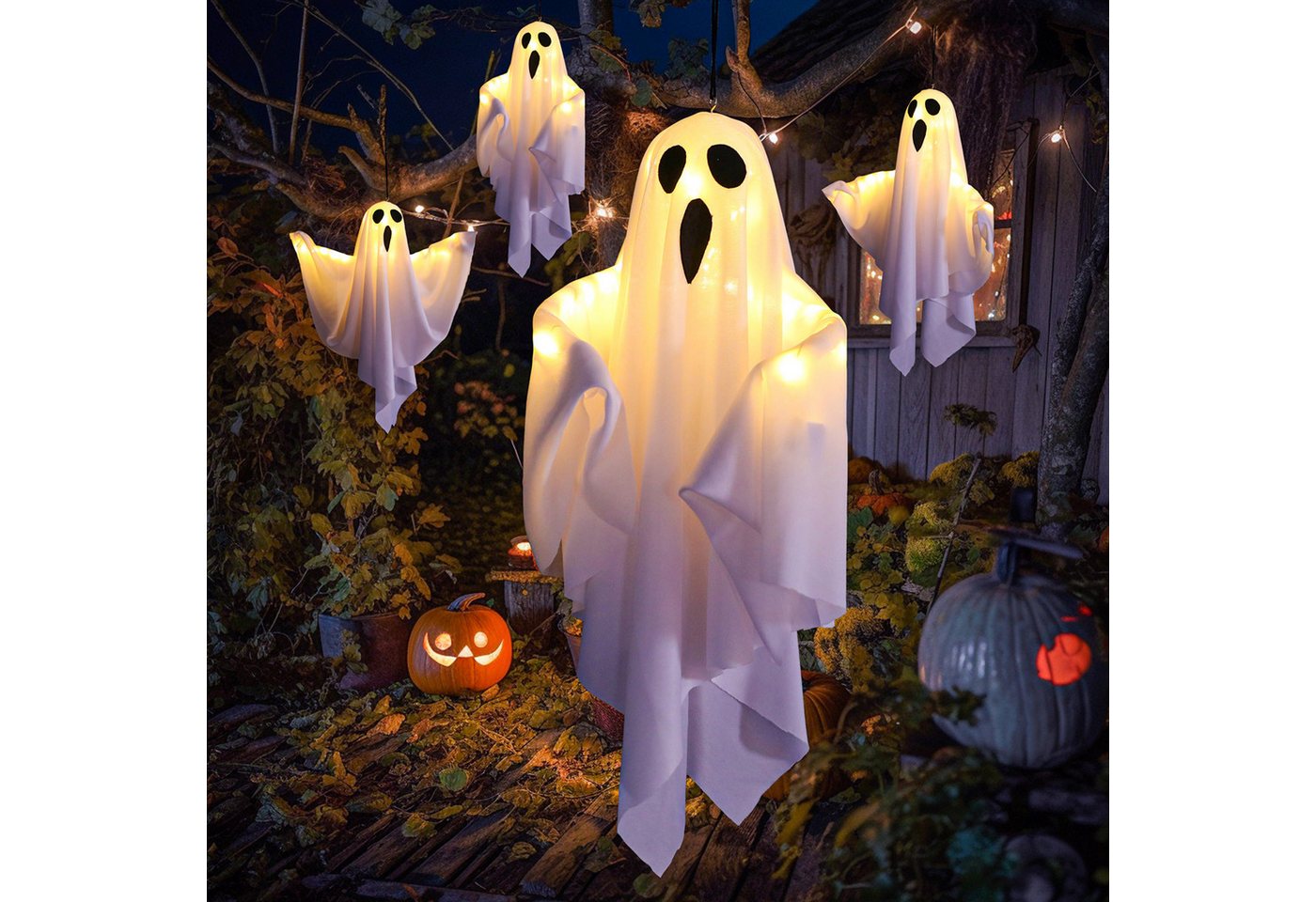 Lapamax LED-Lichterkette Halloween-Gespenst, Hängende Geister, warmweiß, 3 Lichtmodi, Batteriebetrieb, Stofffigur für Garten,Terrasse, Hof,Veranda