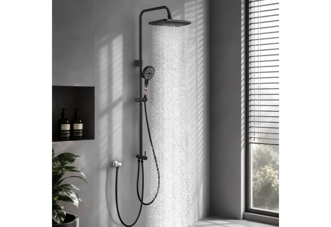 HOMELODY Duschsystem ohne Armatur, 30×20 cm Regendusche, 6-Strahl-Handbrause, 2 Strahlart(en), Set, Höhenverstellbar, SUS304-Umsteller mit Absperrfunktion, Schwarz Bild 3