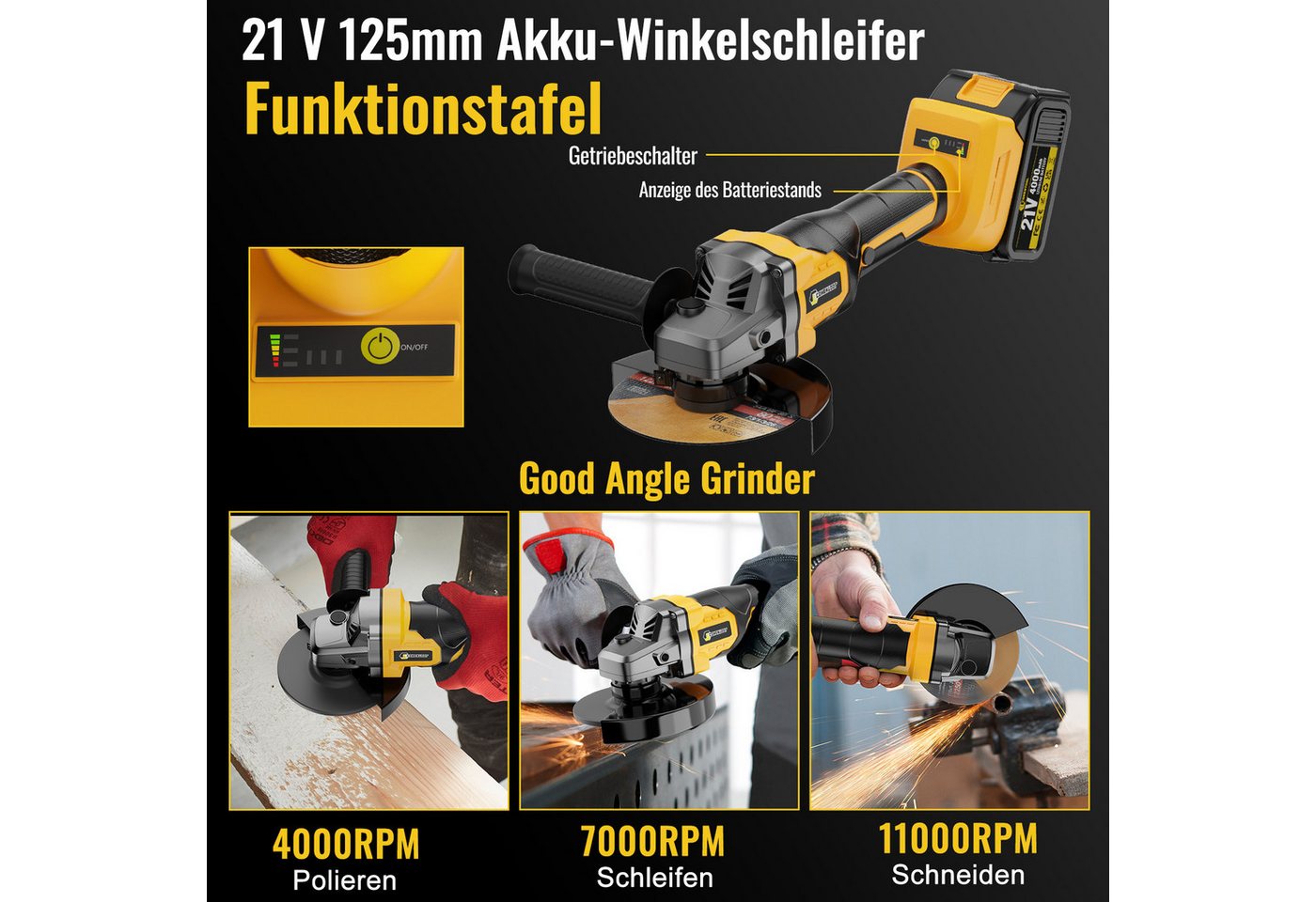 CONENTOOL Akku-Winkelschleifer 21V Winkelschleifer bürstenloser Motor, max. 11000 U/min, (6 tlg), inkl. 2×4,0Ah Akku und Ladegerät Bild 2