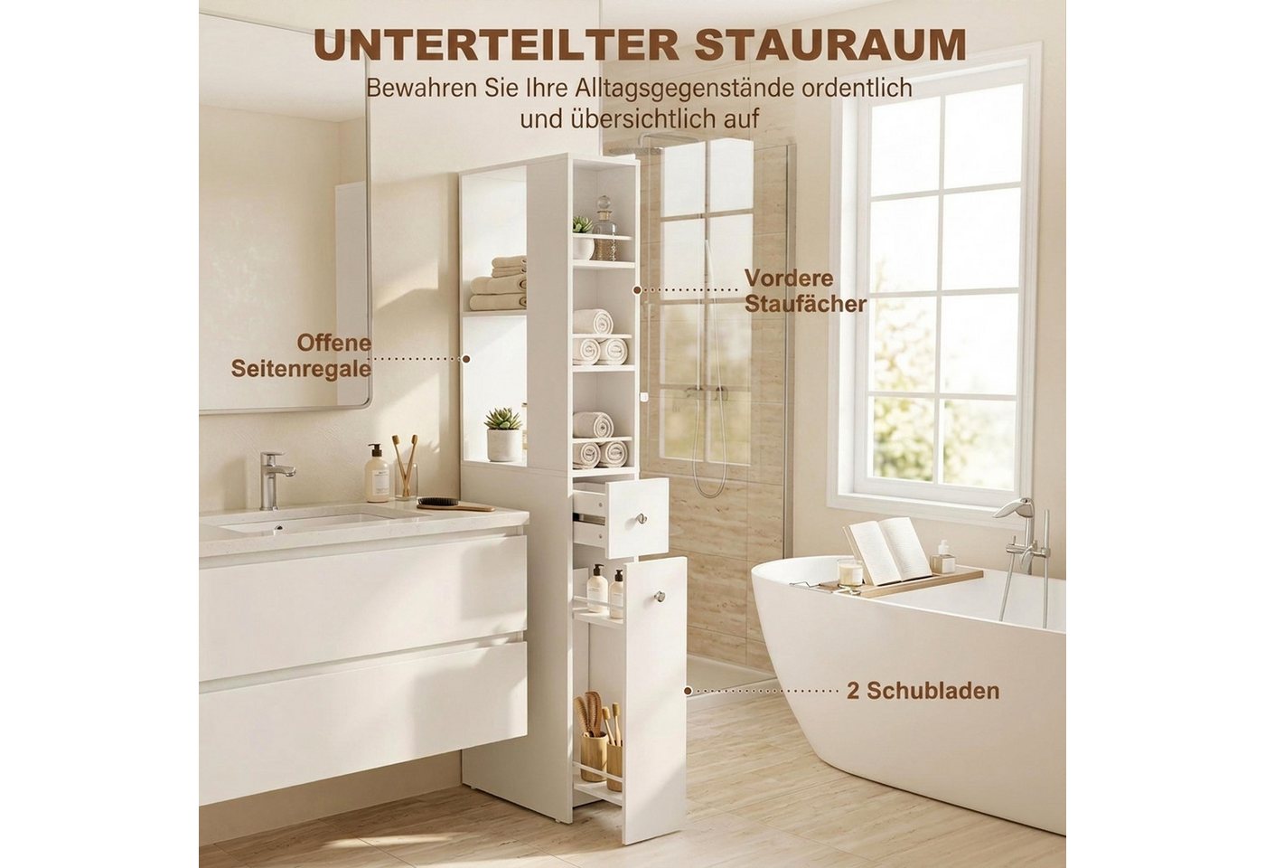 HOMCOM Badkommode mit offenen Fächern und Schubladen (Set, 1 St., 1), Schmaler Nischenschrank mit Kippschutz