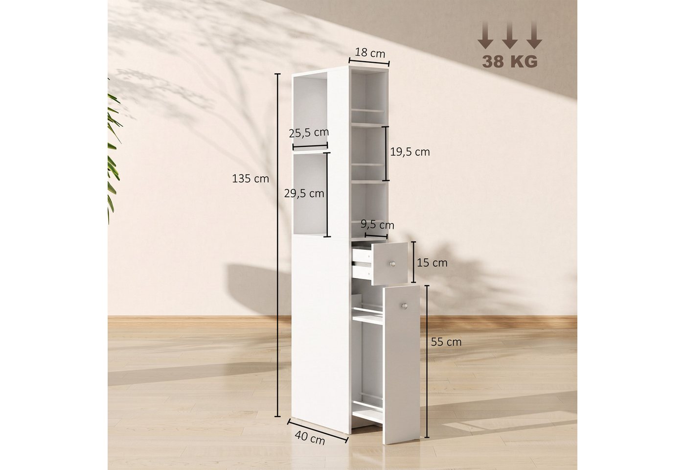 HOMCOM Badkommode mit offenen Fächern und Schubladen (Set, 1 St., 1), Schmaler Nischenschrank mit Kippschutz Bild 2