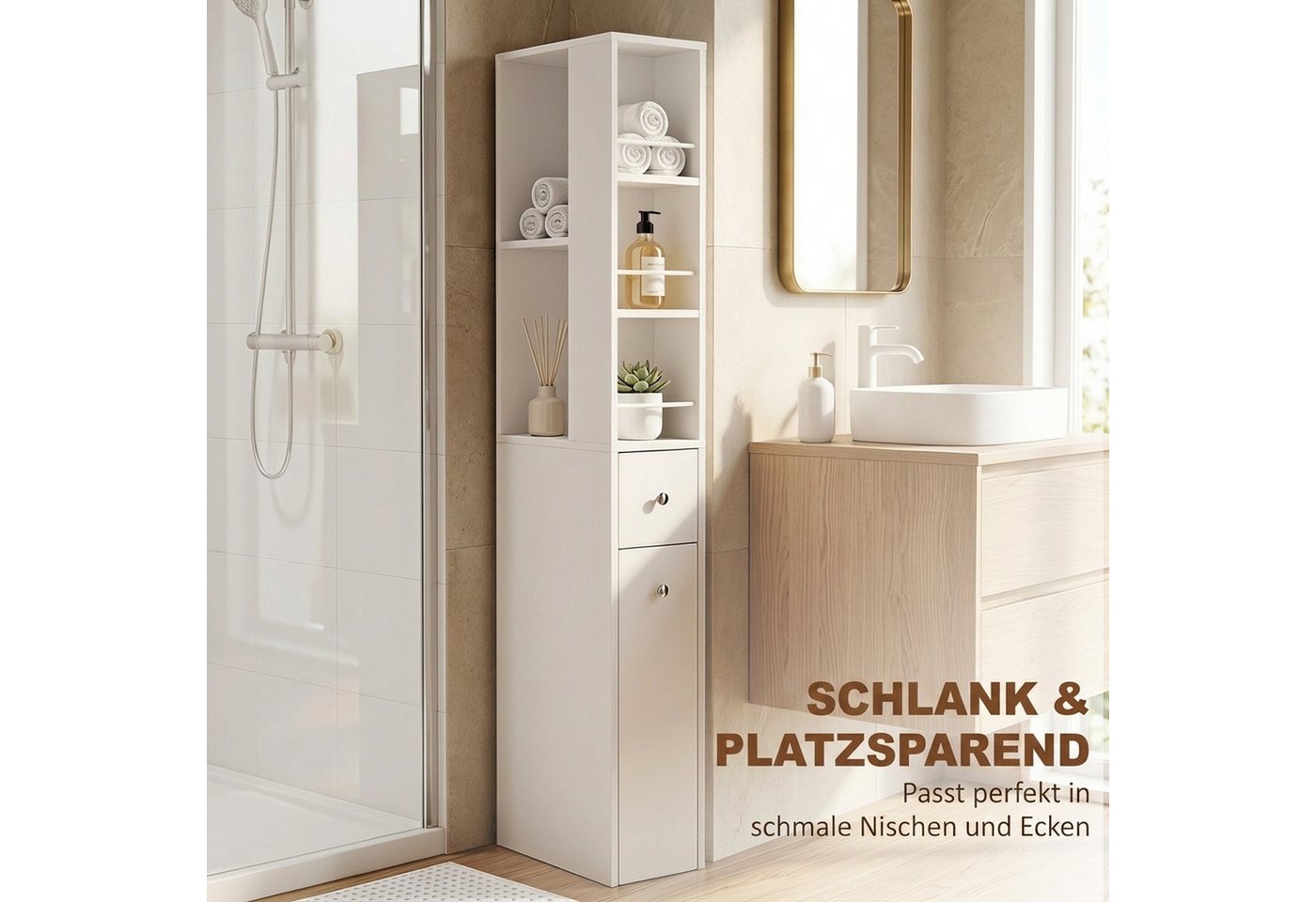HOMCOM Badkommode mit offenen Fächern und Schubladen (Set, 1 St., 1), Schmaler Nischenschrank mit Kippschutz Bild 3