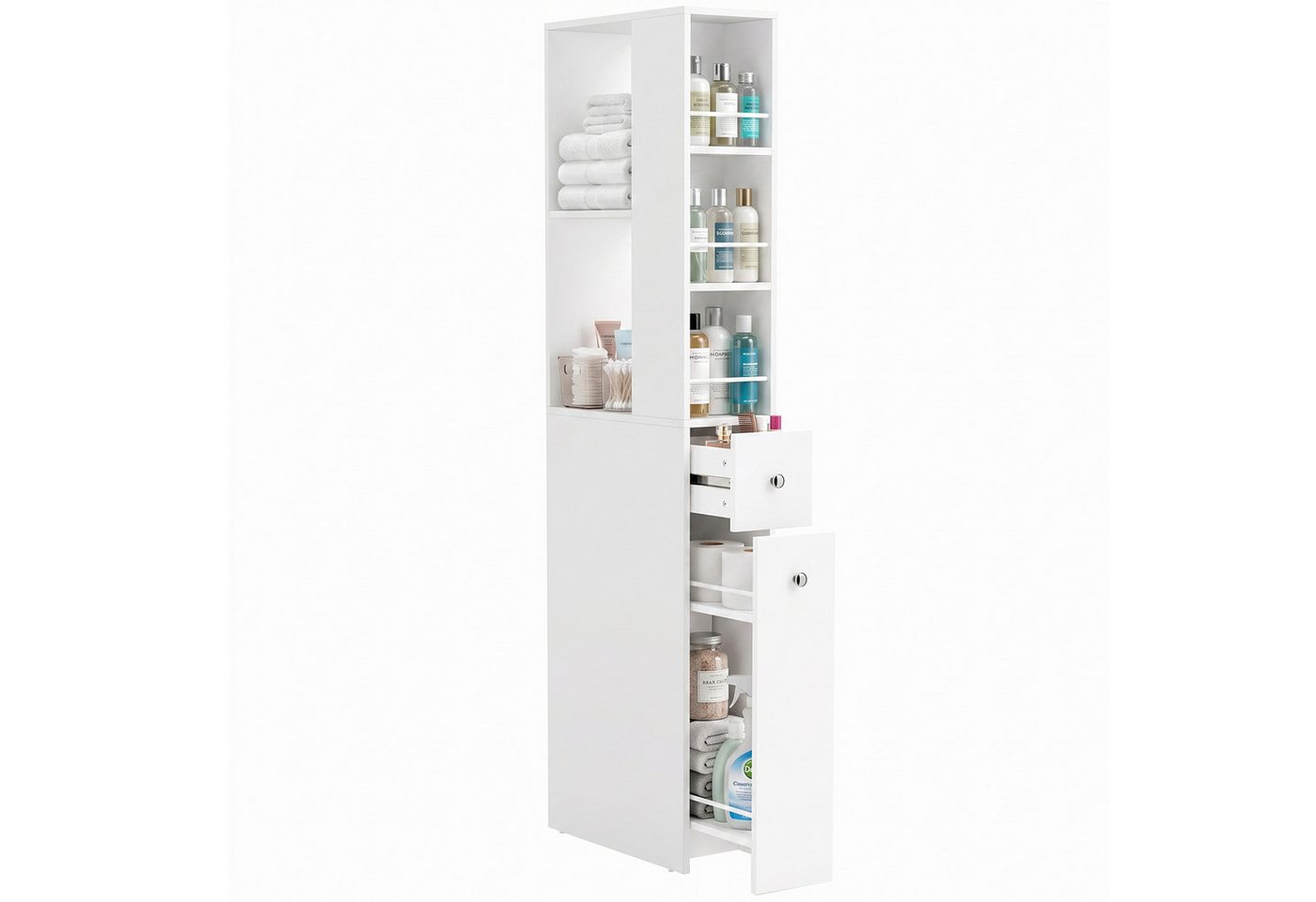 HOMCOM Badkommode mit offenen Fächern und Schubladen (Set, 1 St., 1), Schmaler Nischenschrank mit Kippschutz Bild 4