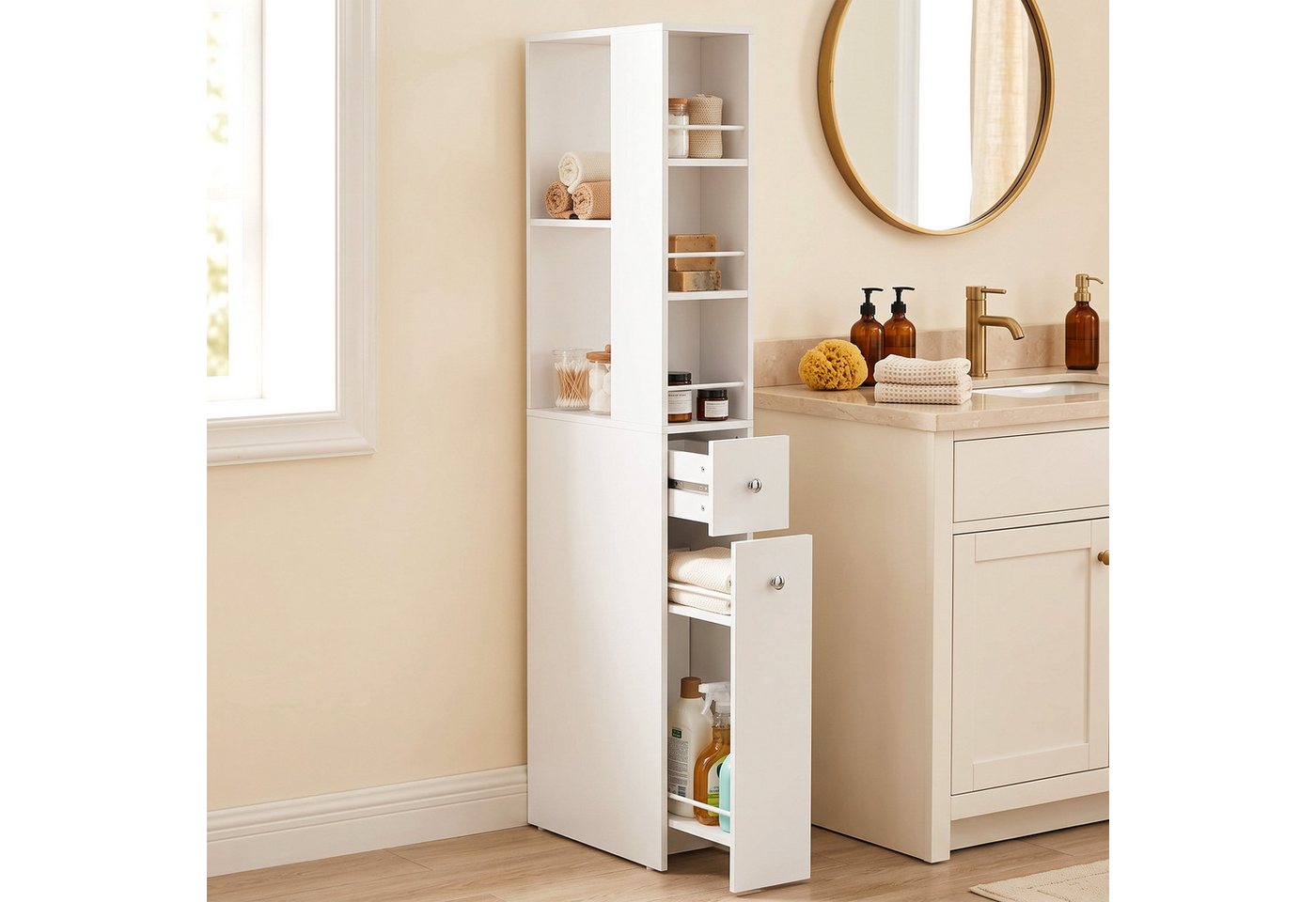 HOMCOM Badkommode mit offenen Fächern und Schubladen (Set, 1 St., 1), Schmaler Nischenschrank mit Kippschutz Bild 5