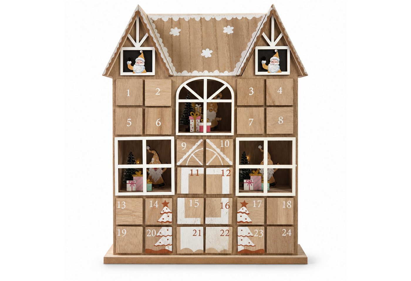 INtrenDU befüllbarer Adventskalender Holzhaus mit LED-Beleuchtung, 37 cm hoch, 24 Schubladen mit Rückhaltefunktion, Wichtel-Fenster