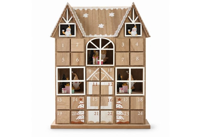 INtrenDU befüllbarer Adventskalender Holzhaus mit LED-Beleuchtung, 37 cm hoch, 24 Schubladen mit Rückhaltefunktion, Wichtel-Fenster