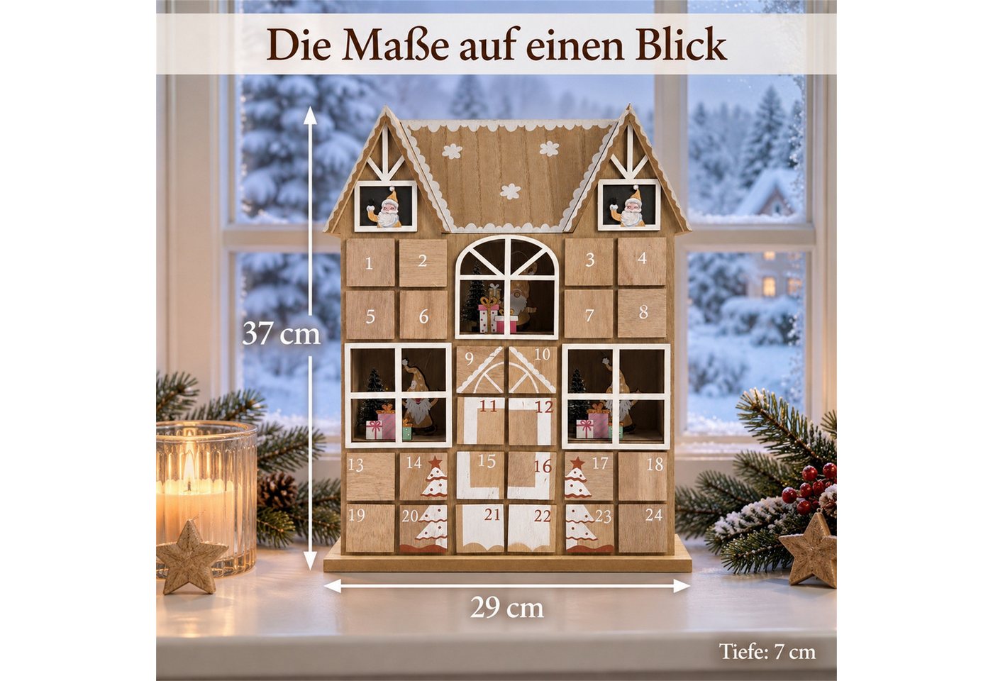 INtrenDU befüllbarer Adventskalender Holzhaus mit LED-Beleuchtung, 37 cm hoch, 24 Schubladen mit Rückhaltefunktion, Wichtel-Fenster Bild 3