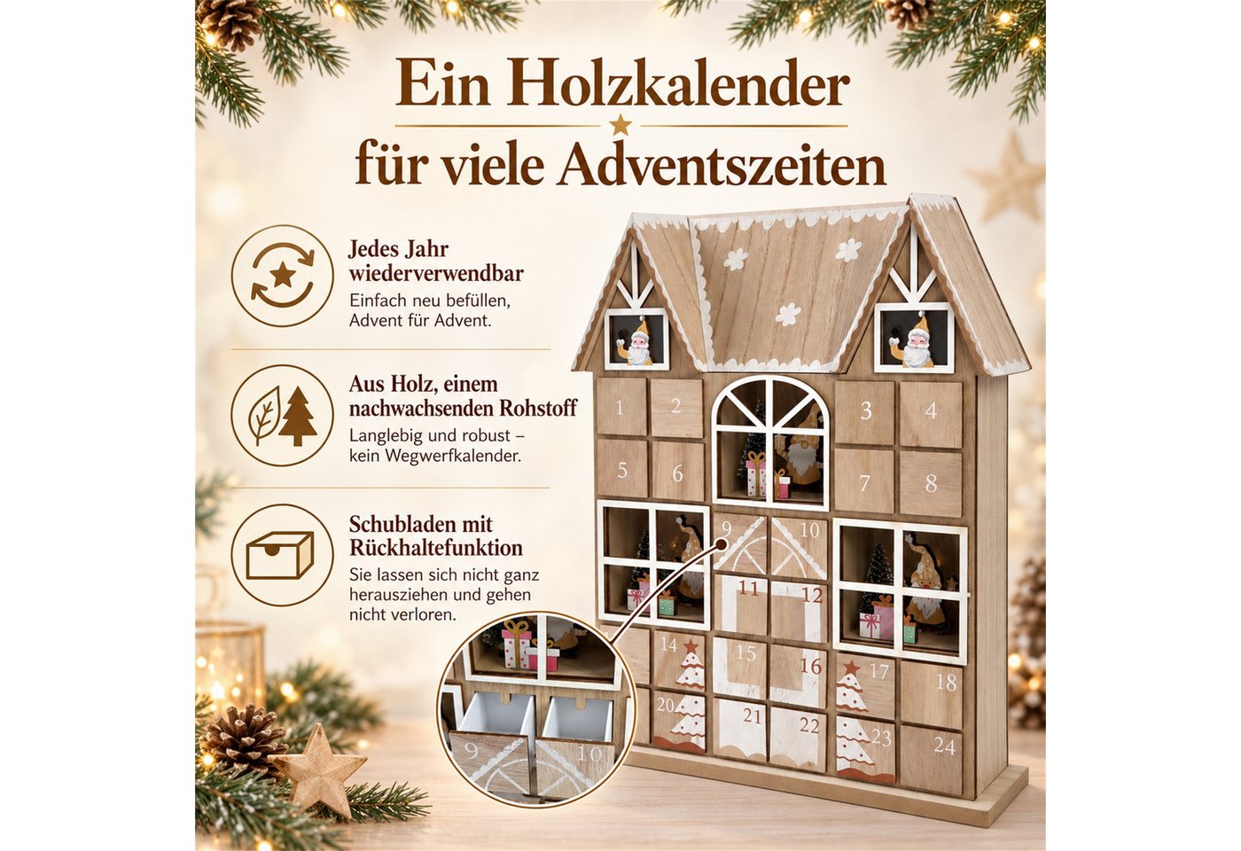 INtrenDU befüllbarer Adventskalender Holzhaus mit LED-Beleuchtung, 37 cm hoch, 24 Schubladen mit Rückhaltefunktion, Wichtel-Fenster Bild 4