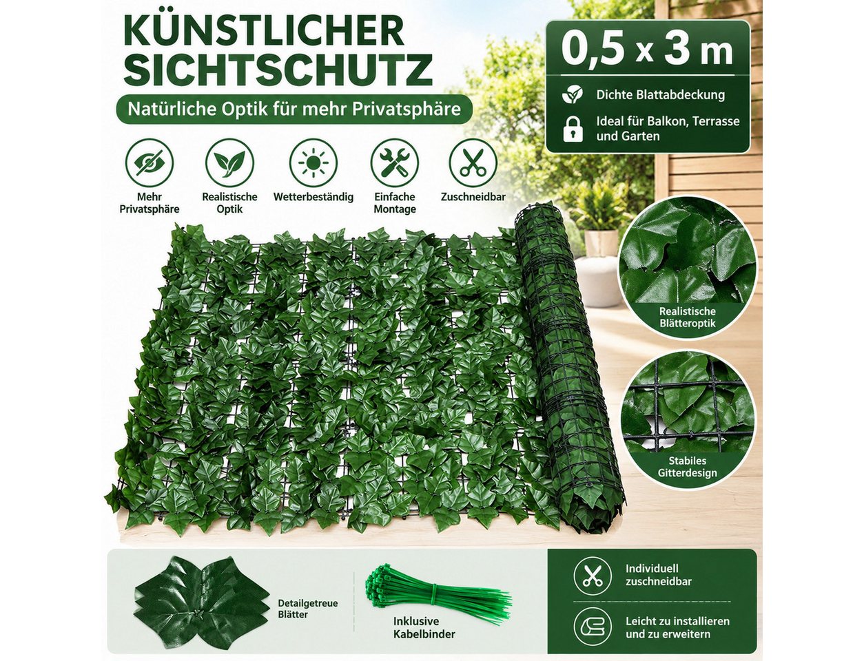 LEMLIT Balkonsichtschutz Künstliche Efeu Balkon Sichtschutz Windschutz Gartenumrandung 0.5X3M (1 Stück, 1-St., 50 x300 cm) Künstliche Hecken Zäune für Zäune Hinterhof Patio Wand Bild 5