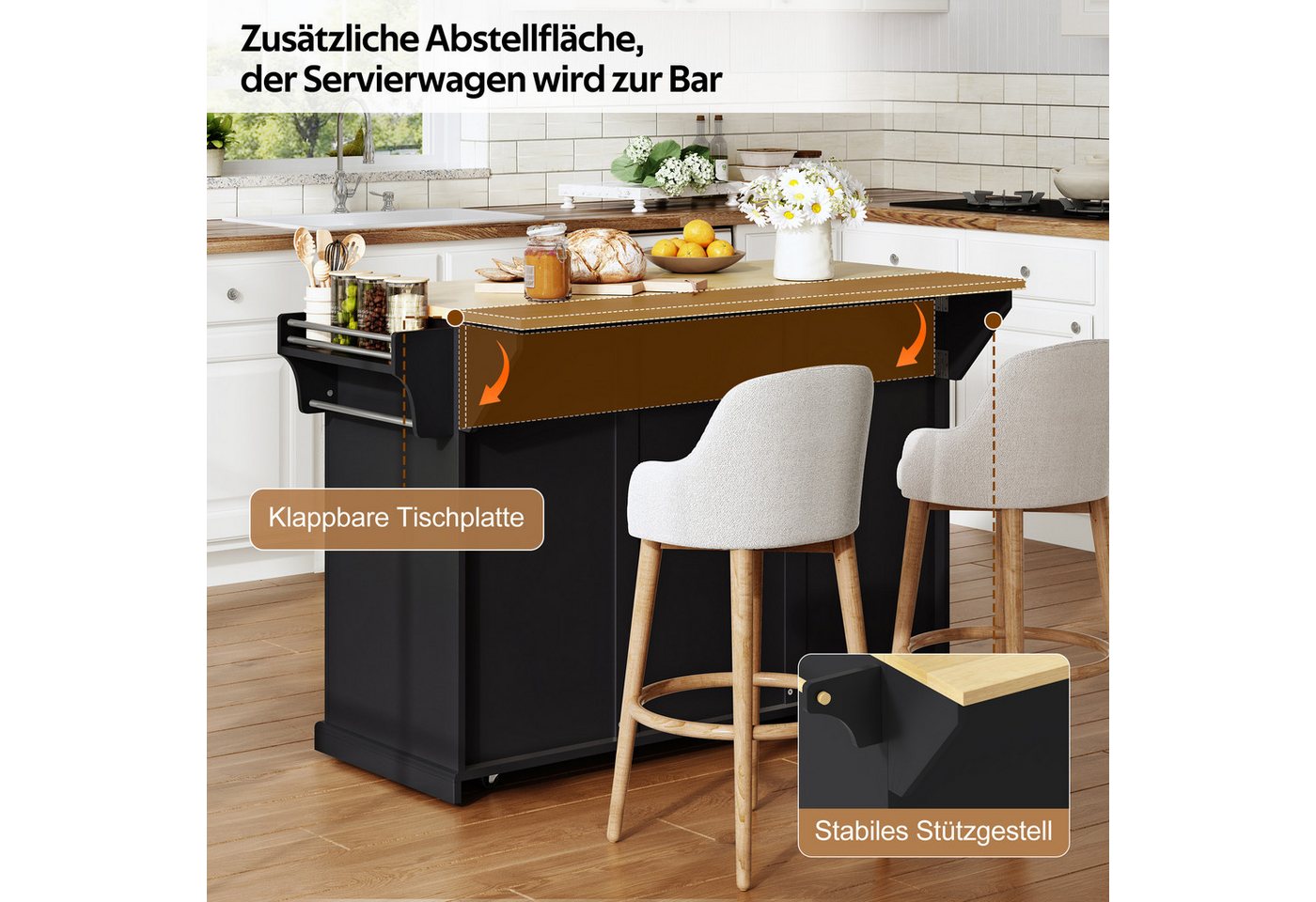 i@home Kücheninsel Küchenwagen auf Rollen mit klappbarer Arbeitsplatte, (2‑stufige vertikale Schubladen, ausziehbares Gewürzregal), mobiler Servierwagen mit Stauraum für 2‑4 Personen121×49(69)×89 cm Bild 3