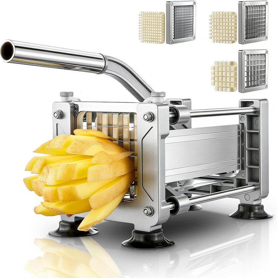 FOHERE Pommesschneider Kartoffelschneider Edelstahl Pommes Frites Schneidemaschine, (4-tlg), mit 13, 9, 6 mm Klingen aus Edelstahl, Silber