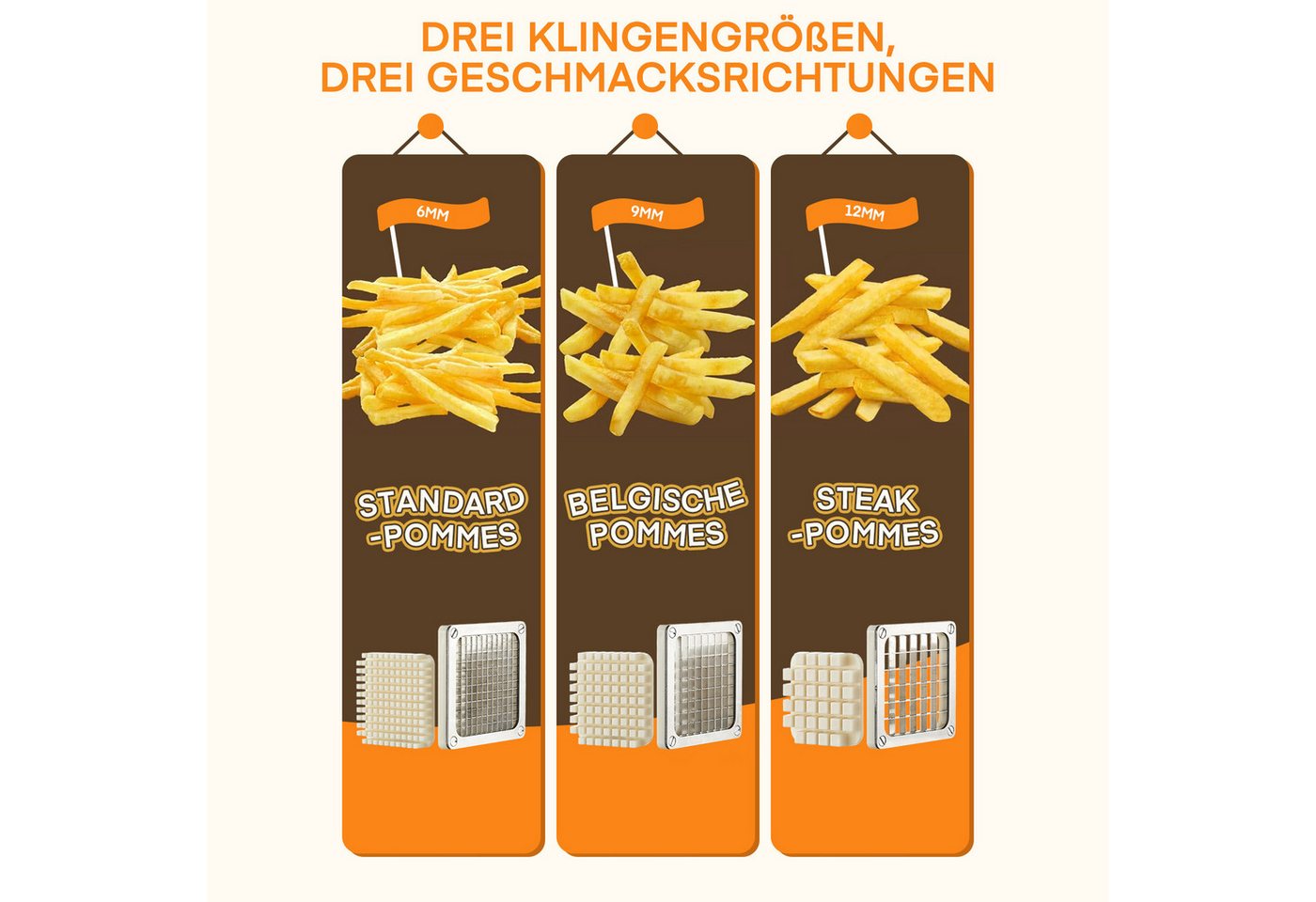 FOHERE Pommesschneider Kartoffelschneider Edelstahl Pommes Frites Schneidemaschine, (4-tlg), mit 13, 9, 6 mm Klingen aus Edelstahl, Silber Bild 2