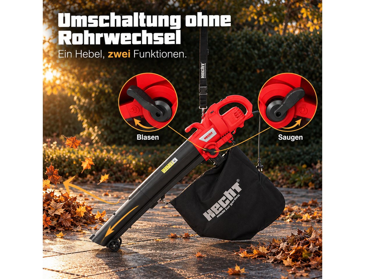 Hecht Elektro-Laubbläser Laubsauger 3in1 Laubgebläse 45L Fangsack Teleskop-Saugrohr, 275 km/h, 780 m³/h, 10 : 1 Mulch Verhältnis, 8000 - 14000 1/min Bild 2