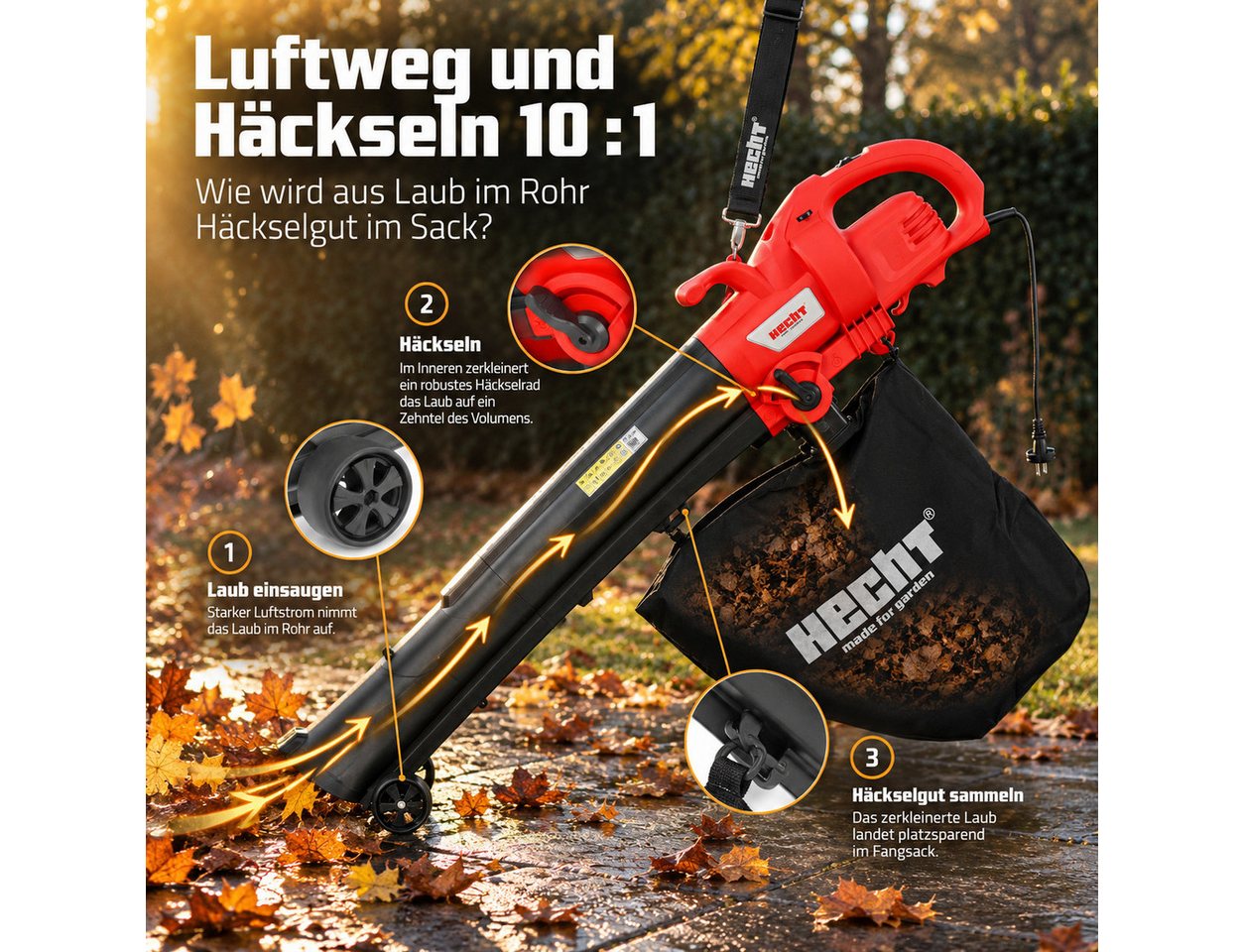 Hecht Elektro-Laubbläser Laubsauger 3in1 Laubgebläse 45L Fangsack Teleskop-Saugrohr, 275 km/h, 780 m³/h, 10 : 1 Mulch Verhältnis, 8000 - 14000 1/min Bild 3