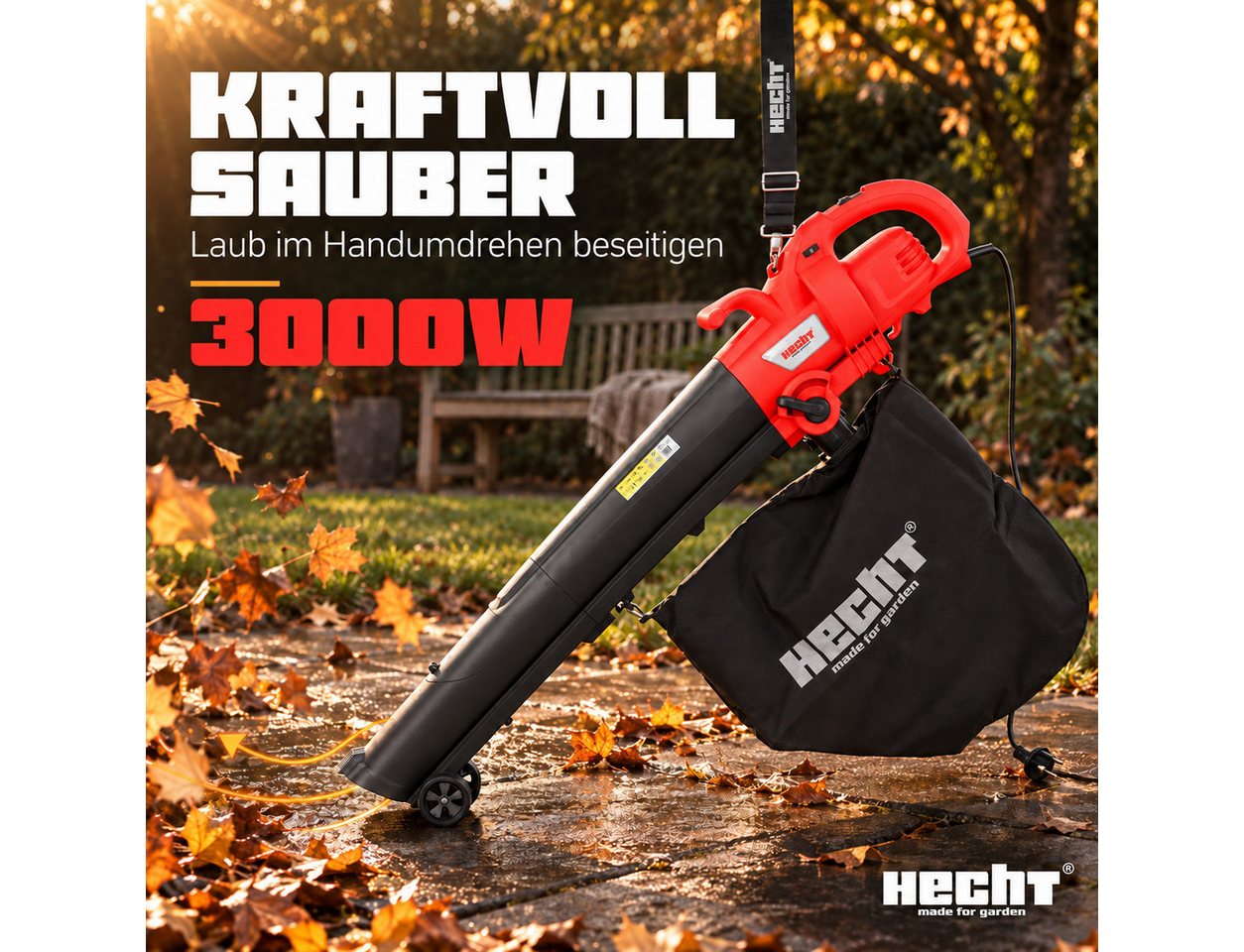 Hecht Elektro-Laubbläser Laubsauger 3in1 Laubgebläse 45L Fangsack Teleskop-Saugrohr, 275 km/h, 780 m³/h, 10 : 1 Mulch Verhältnis, 8000 - 14000 1/min Bild 5