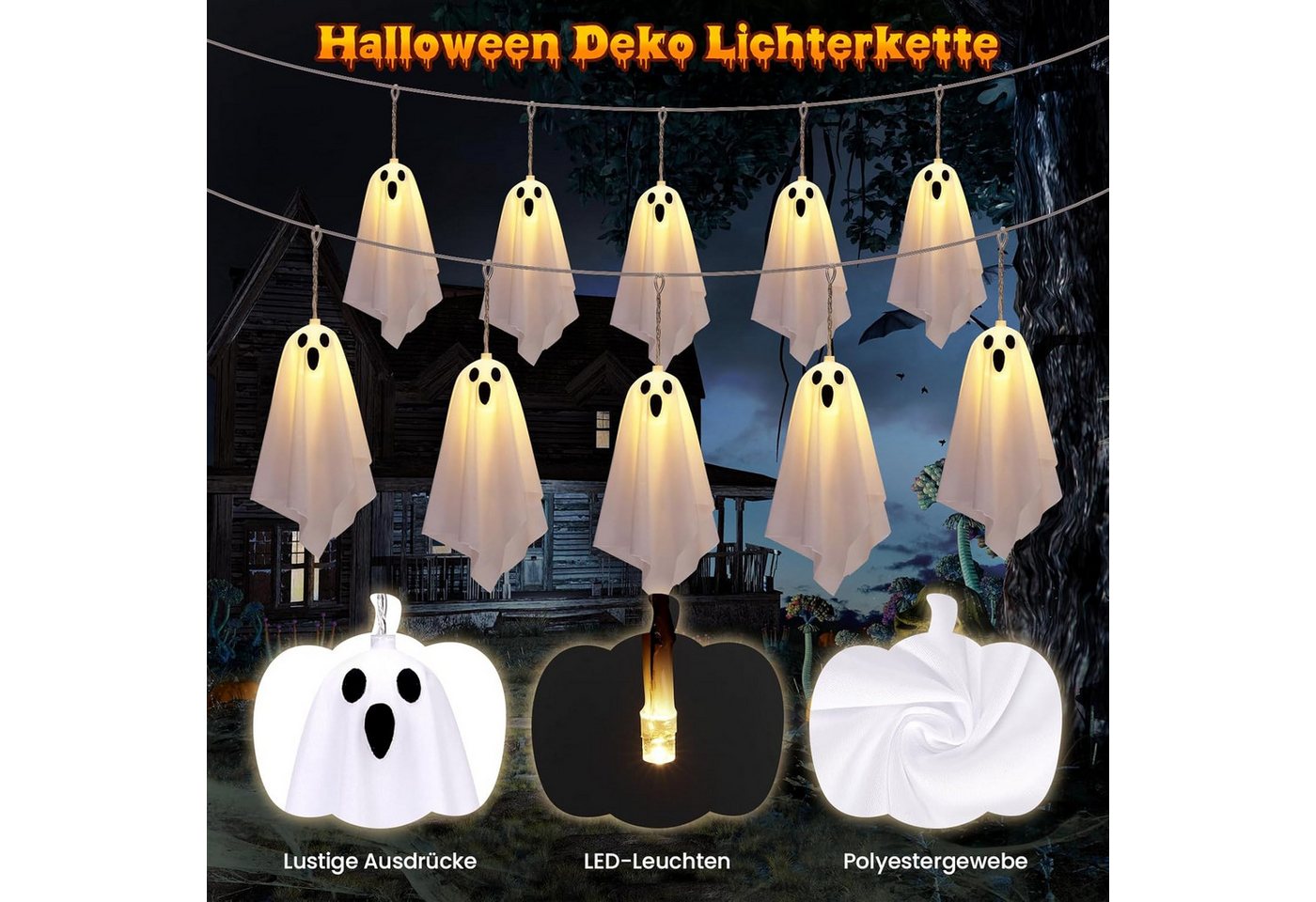 Bomiclss LED-Lichterkette Halloween-Geister-Lichterkette 10 Stück Geister-Halloween-Dekoration, für Urlaub, Halloween Party, Zuhause, Festival-Dekoration