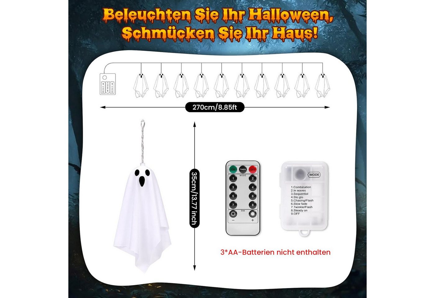 Bomiclss LED-Lichterkette Halloween-Geister-Lichterkette 10 Stück Geister-Halloween-Dekoration, für Urlaub, Halloween Party, Zuhause, Festival-Dekoration Bild 3