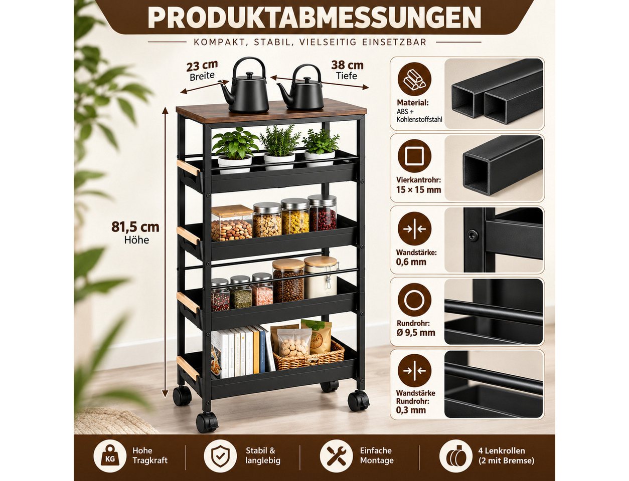 LEMLIT Küchenwagen 5 Ebenen Küchenwagen Schmal Mit 4 Schubladen Und Rollen, (1er Set, 1 St., Produktmaße: 23 x 38 x 81,5 cm), 150 Pfund Pro Ebene, Mit Auszugsbegrenzung, Für Schmale Nischen