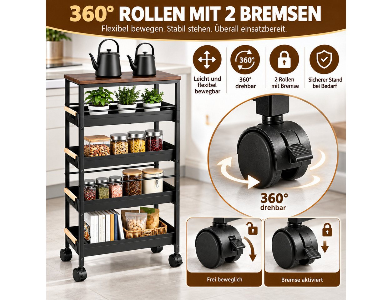 LEMLIT Küchenwagen 5 Ebenen Küchenwagen Schmal Mit 4 Schubladen Und Rollen, (1er Set, 1 St., Produktmaße: 23 x 38 x 81,5 cm), 150 Pfund Pro Ebene, Mit Auszugsbegrenzung, Für Schmale Nischen Bild 2