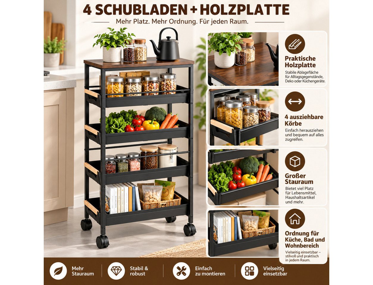 LEMLIT Küchenwagen 5 Ebenen Küchenwagen Schmal Mit 4 Schubladen Und Rollen, (1er Set, 1 St., Produktmaße: 23 x 38 x 81,5 cm), 150 Pfund Pro Ebene, Mit Auszugsbegrenzung, Für Schmale Nischen Bild 3
