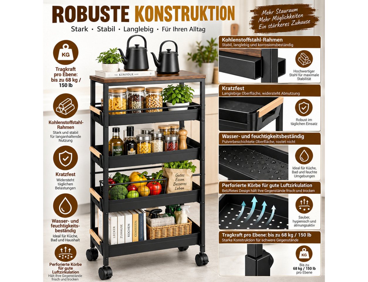 LEMLIT Küchenwagen 5 Ebenen Küchenwagen Schmal Mit 4 Schubladen Und Rollen, (1er Set, 1 St., Produktmaße: 23 x 38 x 81,5 cm), 150 Pfund Pro Ebene, Mit Auszugsbegrenzung, Für Schmale Nischen Bild 5