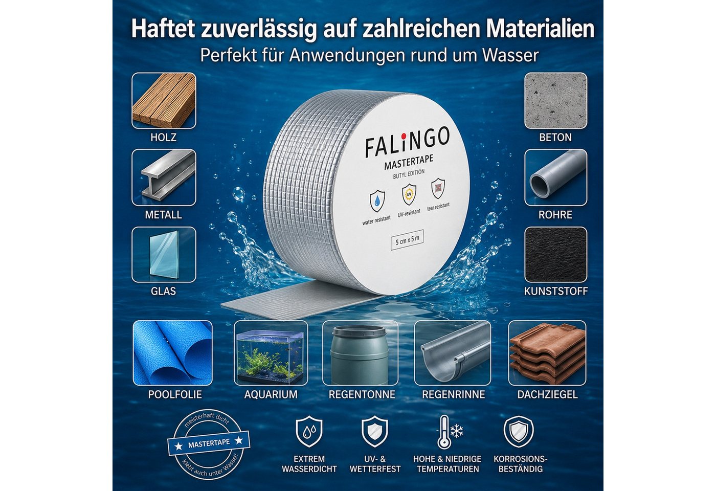 FALINGO Dichtungsband Wasserdichtes Klebeband, Butyl Klebeband für Dach, Wand, Fenster, Rohr, Hohe Klebekraft Bild 2