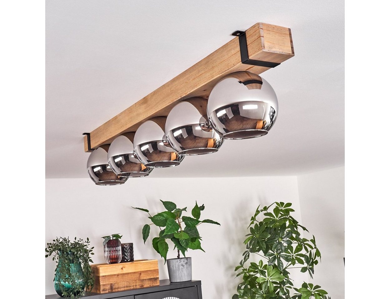 hofstein Deckenleuchte Deckenlampe aus Metall/Holz/Glas in Schwarz/Natur/Chromfarben, ohne Leuchtmittel, Holzbalken 100cm u. Glaskugeln Ø15cm, 5x E27, ohne Leuchtmittel