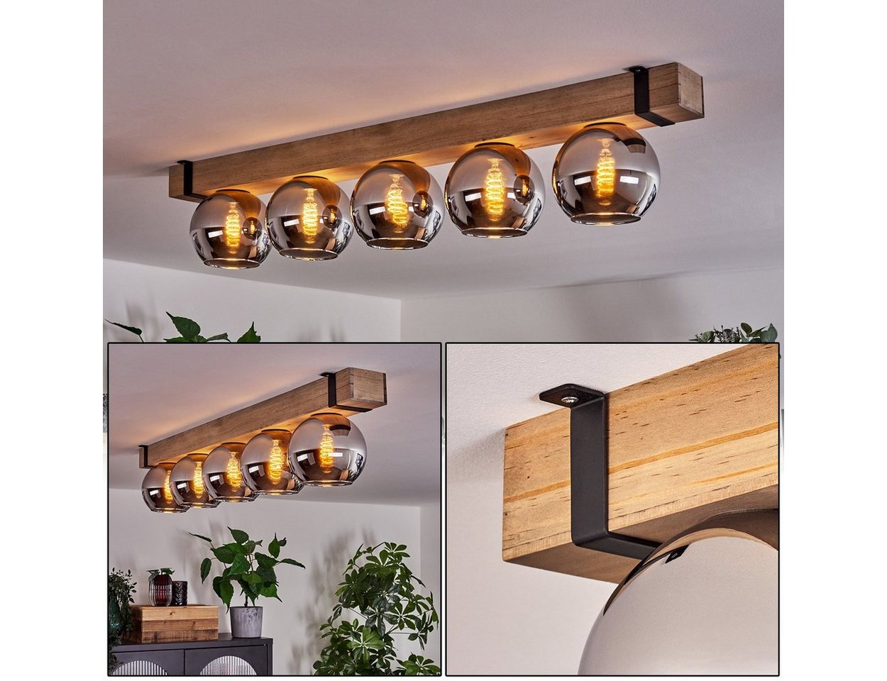 hofstein Deckenleuchte Deckenlampe aus Metall/Holz/Glas in Schwarz/Natur/Chromfarben, ohne Leuchtmittel, Holzbalken 100cm u. Glaskugeln Ø15cm, 5x E27, ohne Leuchtmittel Bild 2