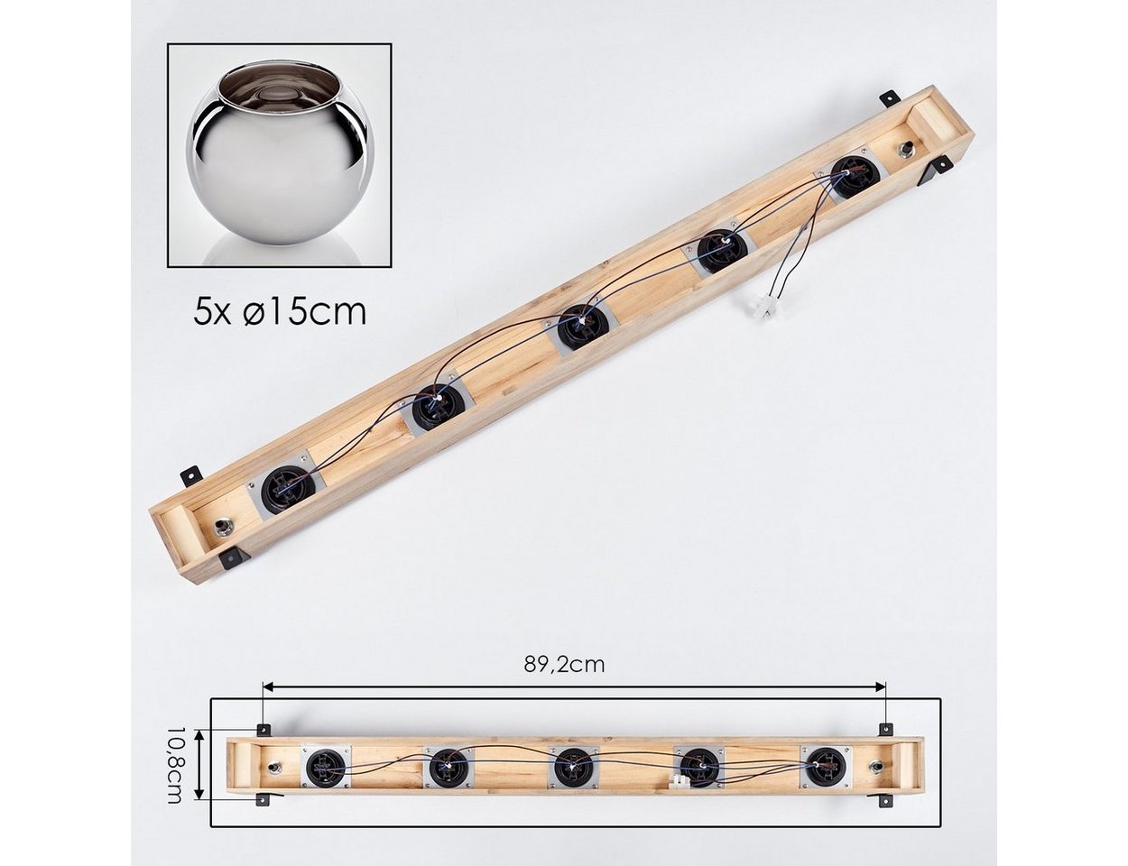 hofstein Deckenleuchte Deckenlampe aus Metall/Holz/Glas in Schwarz/Natur/Chromfarben, ohne Leuchtmittel, Holzbalken 100cm u. Glaskugeln Ø15cm, 5x E27, ohne Leuchtmittel Bild 3