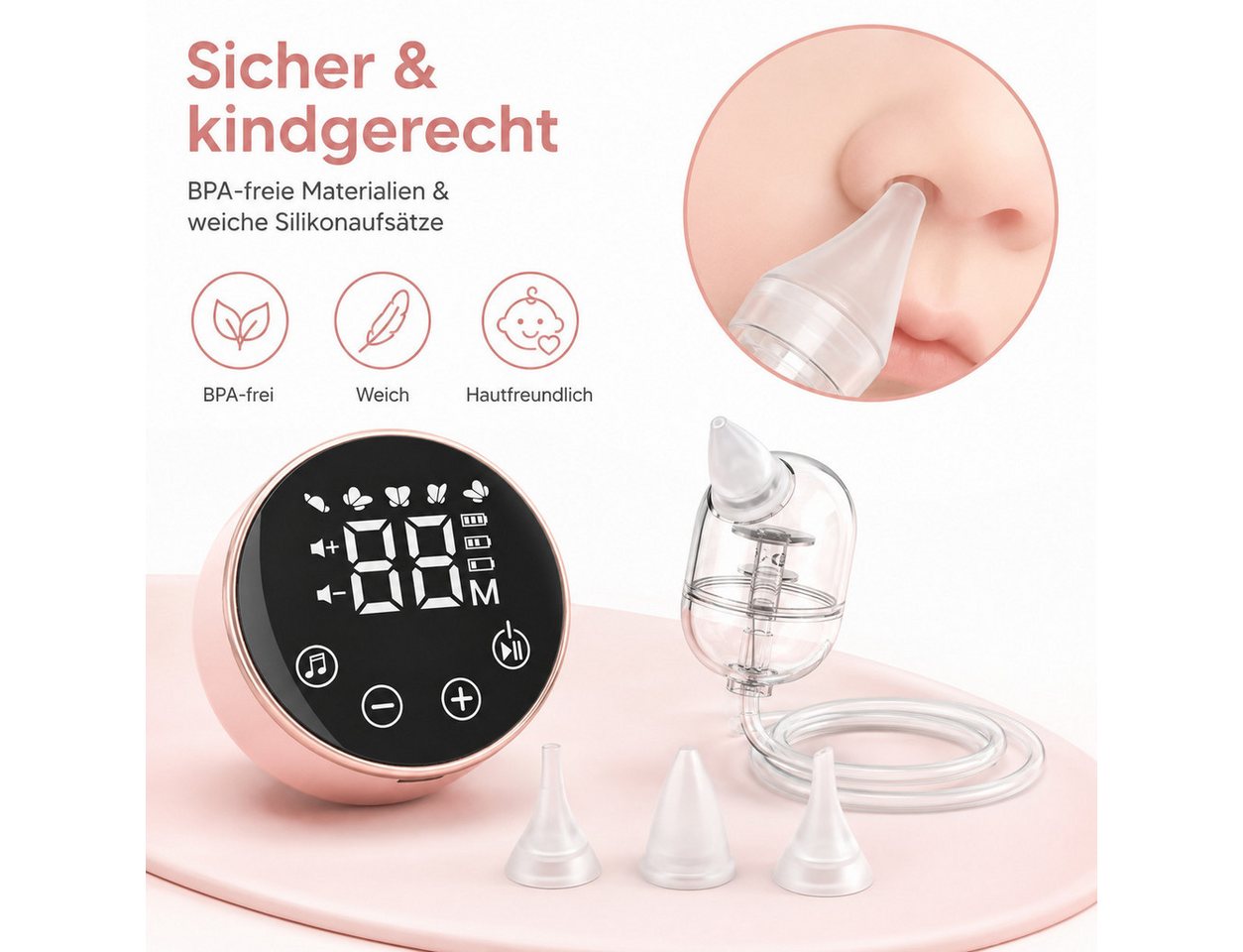 Vornix Nasensauger Elektrischer Nasensauger für Babys–9 Saugstufen,3 Aufsätze, BPA-frei, leise, mit Musikfunktion–Sanfte Nasenreinigung für Neugeborene & Kleinkinder