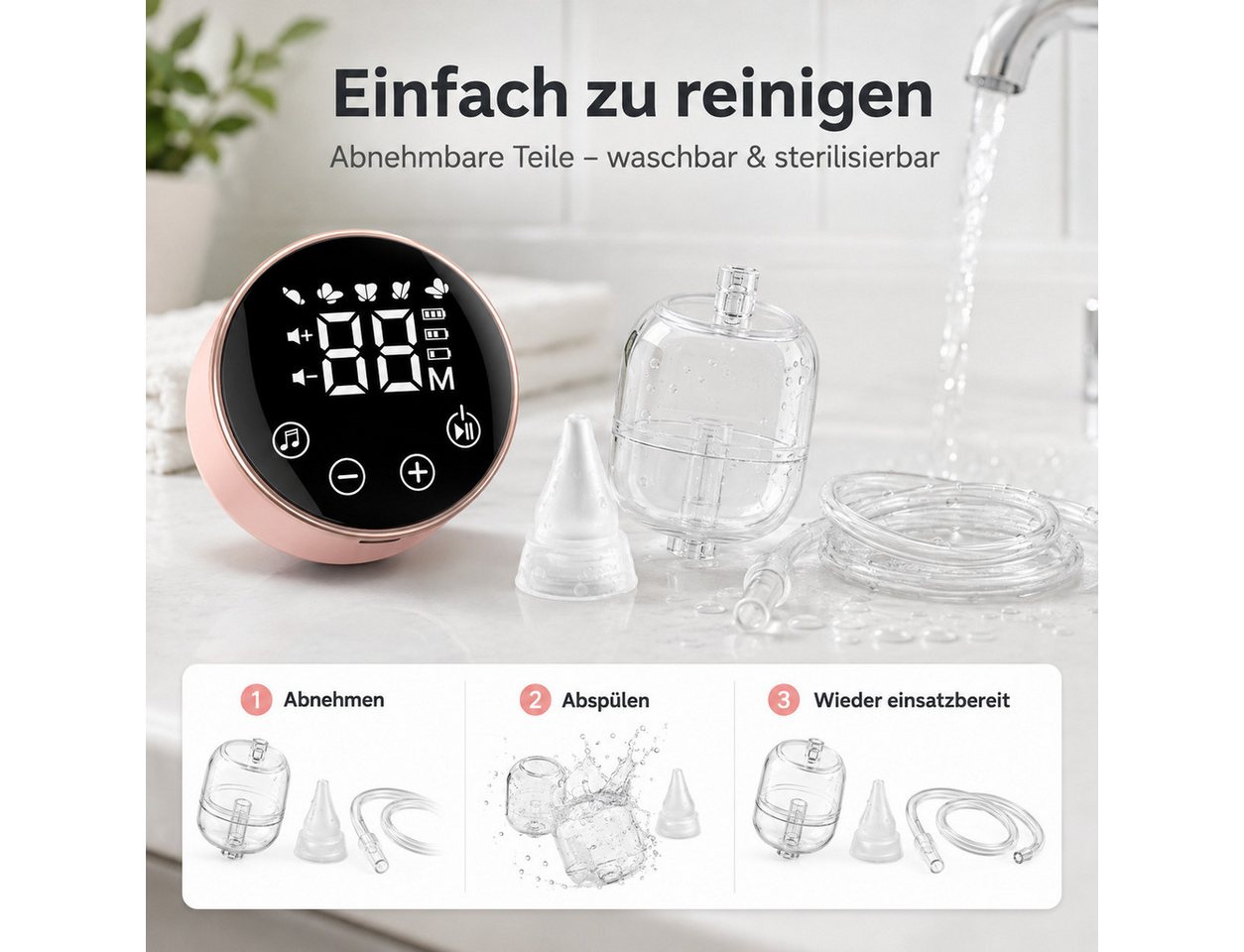 Vornix Nasensauger Elektrischer Nasensauger für Babys–9 Saugstufen,3 Aufsätze, BPA-frei, leise, mit Musikfunktion–Sanfte Nasenreinigung für Neugeborene & Kleinkinder Bild 2