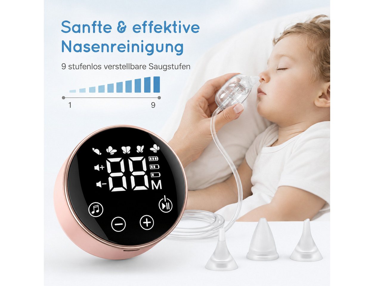 Vornix Nasensauger Elektrischer Nasensauger für Babys–9 Saugstufen,3 Aufsätze, BPA-frei, leise, mit Musikfunktion–Sanfte Nasenreinigung für Neugeborene & Kleinkinder Bild 5
