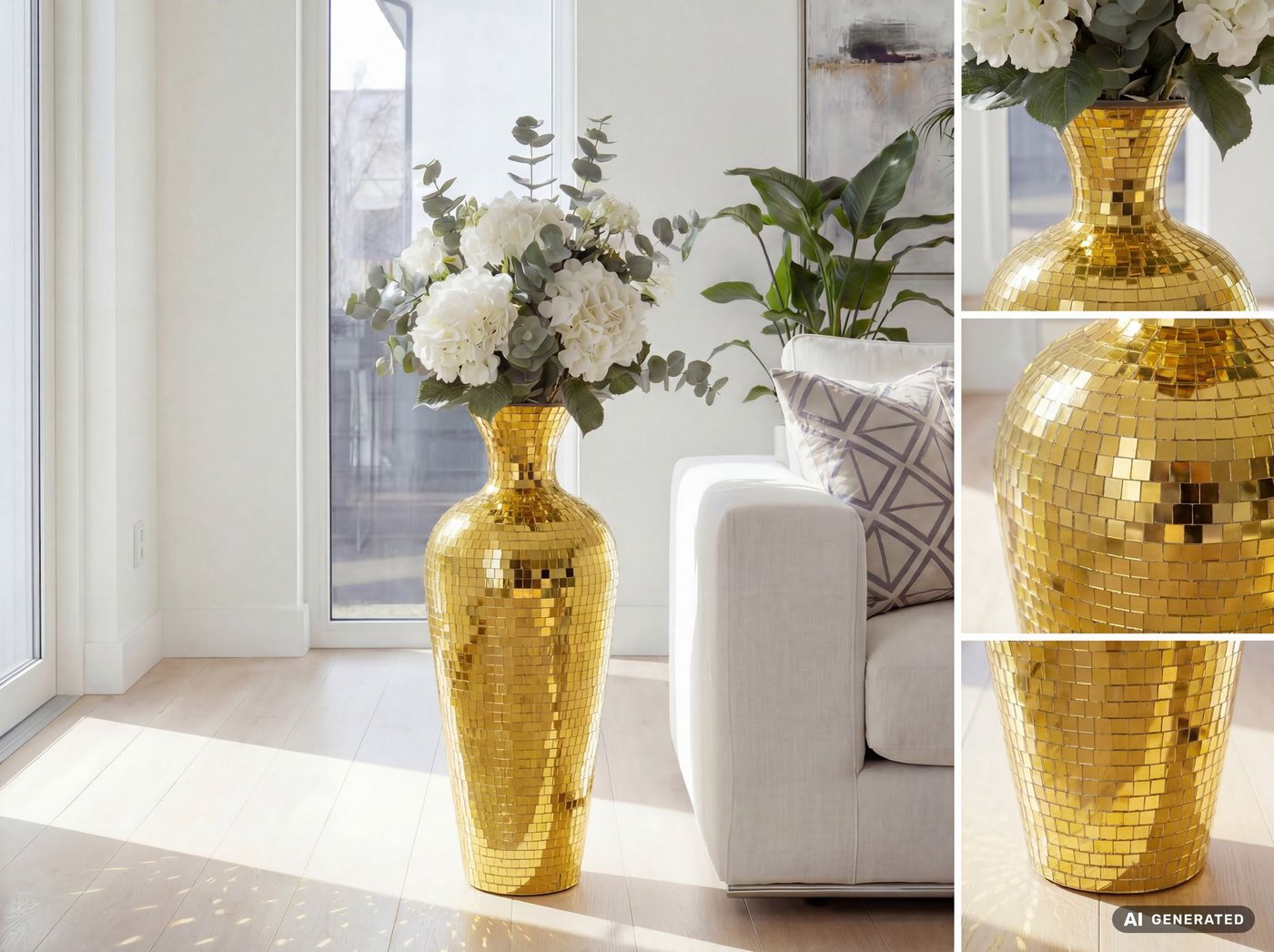 FINEBUY Bodenvase FB77701 Vase Gold 50cm Standvase Blumenvase XL Wohndeko Groß (Große Metallvase aus lackiertem Metall), Wohnaccessoire im Stil einer Discokugel