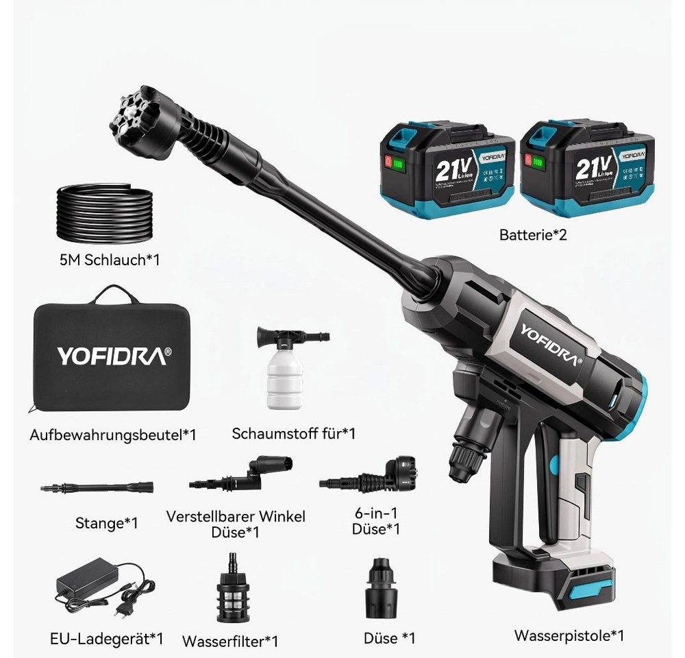 Yofidra Akku-Hochdruckreiniger Kabellose Hochdruckpistole mit 6-in-1-Düse, 2 Akkus und Tasche, Druck max: 250 bar, 250 Bar mit bürstenlosem Motor, für Auto und Garten