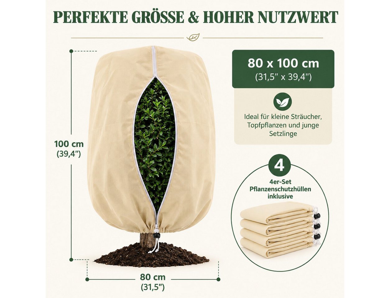 BlingBin Winterschutzhaube Pflanzenabdeckung 4 Stück Winterschutz Pflanzen Außen (4er Set, 4-St., 80×100 cm/80×120 cm), Atmungsaktiv Frostschutz Pflanzensack mit Reißverschluss und Zugband